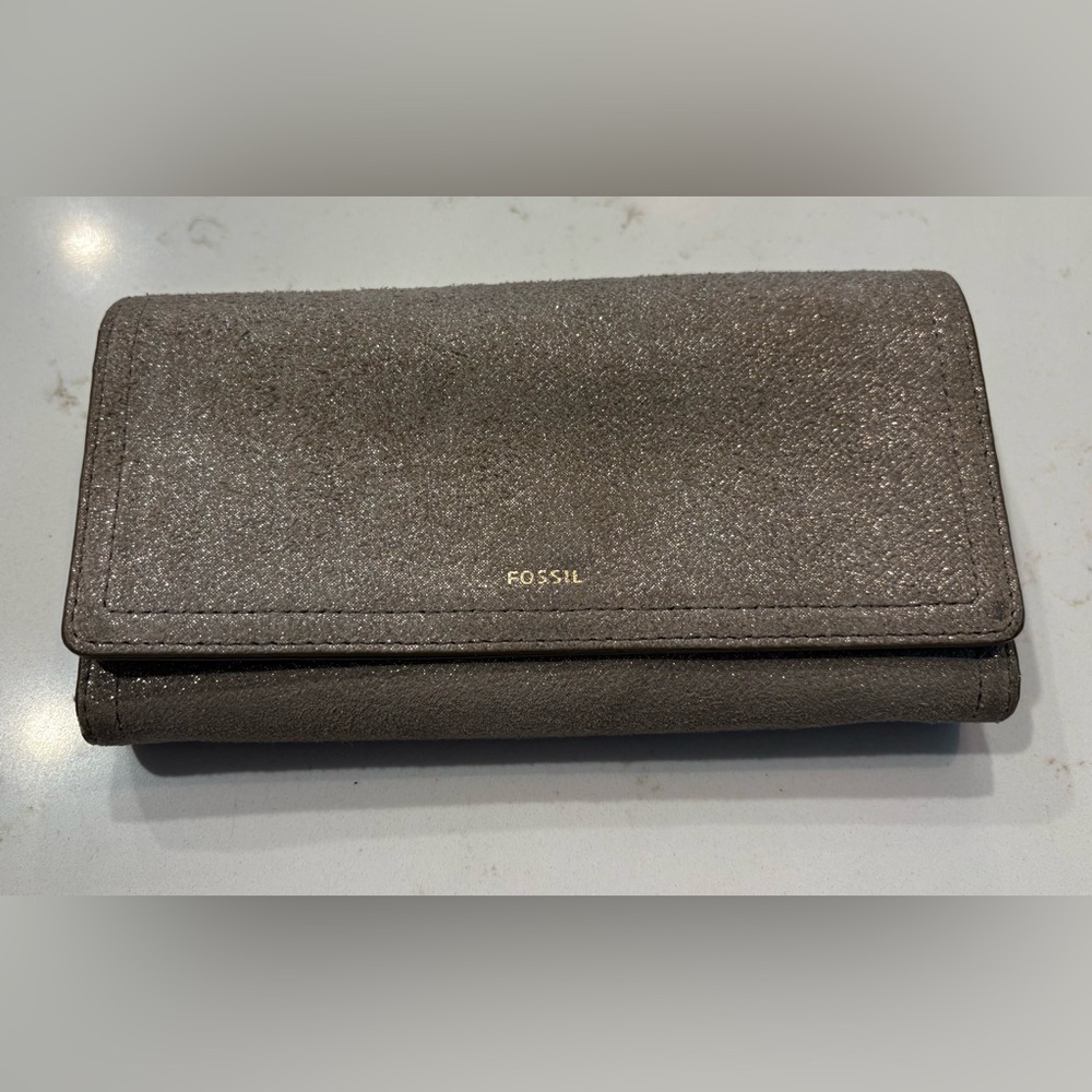 Fossil Shimmery Taupe Foldover Wallet with Gold Logo
